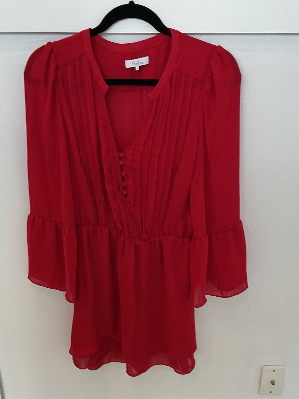 Rails Red Pleated V-Neck Tunic Blouse